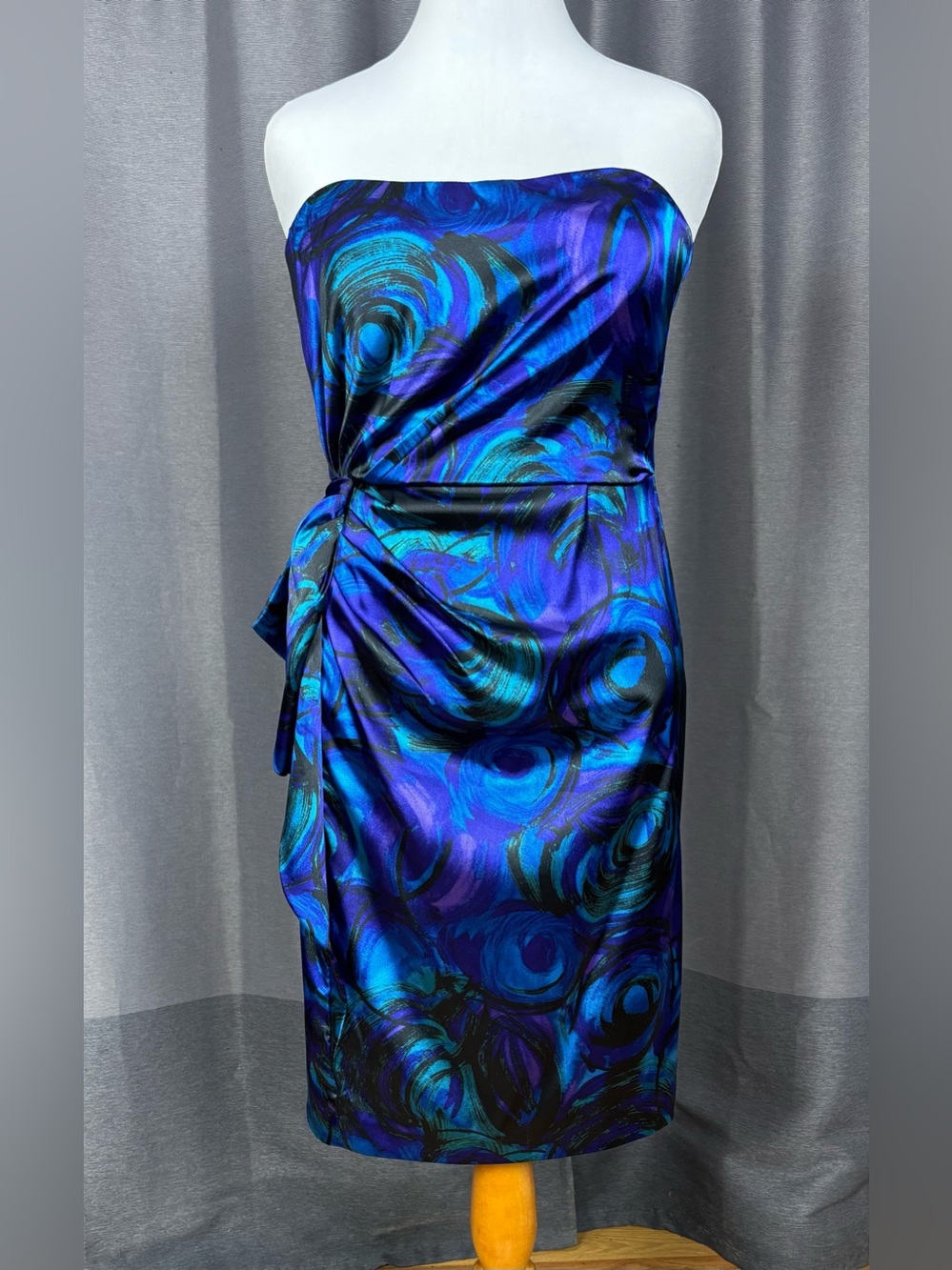Maggy London Strapless Draped Party Cocktail Dress in Blue, Purple, and Teal 12